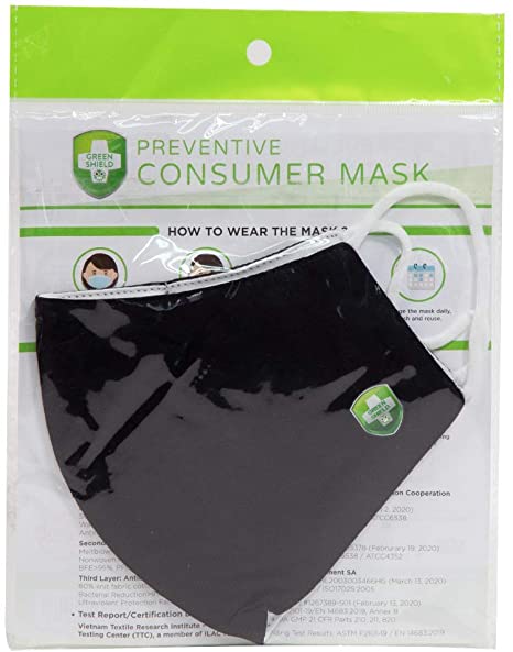 Green Shield Washable Cloth Face Mask - Reusable Triple Layer with Protective Bamboo Cotton Covering, Melt-Blown Fabric, Soft Interior Fabric - 1 Piece Pack (Solid Black, M)