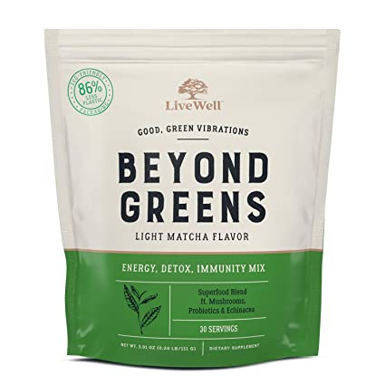 Beyond Greens Superfood Powder - Matcha Flavor w/ Mushrooms, Probiotics, Echinacea for Immune System Boost, Gut Health, Detox, Energy | by LiveWell - 30 Servings