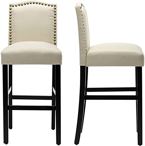 LSSBOUGHT 30 Inches Barstools, Set of 2 Classic Fabric Bar Chairs with Solid Wood Legs,for Kitchen Dining Room Side Chairs(Beige)