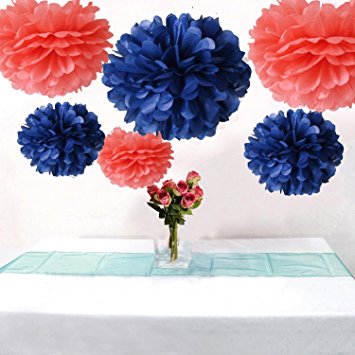 AllHeartDesires Set of 6 Coral Navy Blue Tissue Paper Flower Pompoms Wedding Birthday Bridal Shower Party Hanging Decoration