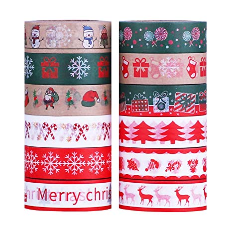 Antner 12 Rolls Christmas Washi Masking Tape Set, Each Roll 0.6Inch x 32.8ft, Decorative Holiday Tape for DIY Christmas Craft Projects and Gift Wrapping