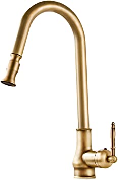 Single Handle Kitchen Faucet,Antique Copper One Hole Pull Out Pull Down Widespread Brass Faucet Body with Cold Hot Mixer Hoses