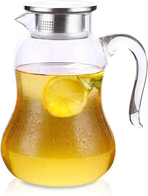 JIAQI Glass Water Pitcher with Lid and Spout 68 Ounces, Hot/Cold Water Carafe, Juice Jar and Iced Tea Pitcher (Brush Coaster Included)