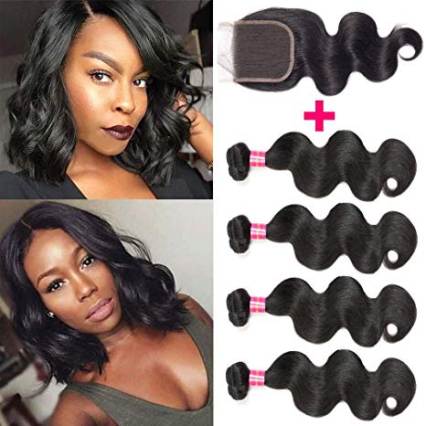 Brazilian Body Wave Bundles with Closure 100% Unprocessed Human Hair Bundles with Closure 8A+ Upgrade Short Bob Hair Bundles with Closure Free Part (10 10 10 10 with 8)