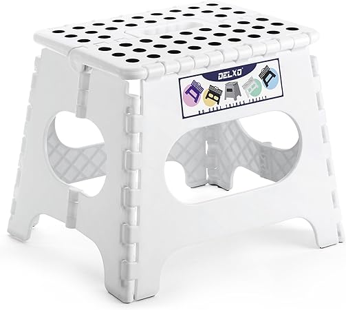 Delxo Folding Step Stool,11 Inch Non-Slip Foldable Step Stools for Kids and Adults,Portable Foldable Step Stool Lightweight Small Folding Stool with Handle for Kitchen Bathroom in White,1 Pack