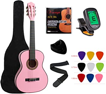YMC Classical Guitar 1/2 Size 34” Inch Nylon Strings Classical Acoustic Guitar Starter Pack With Carrying Case & Accessories for Beginner Students Children-Pink