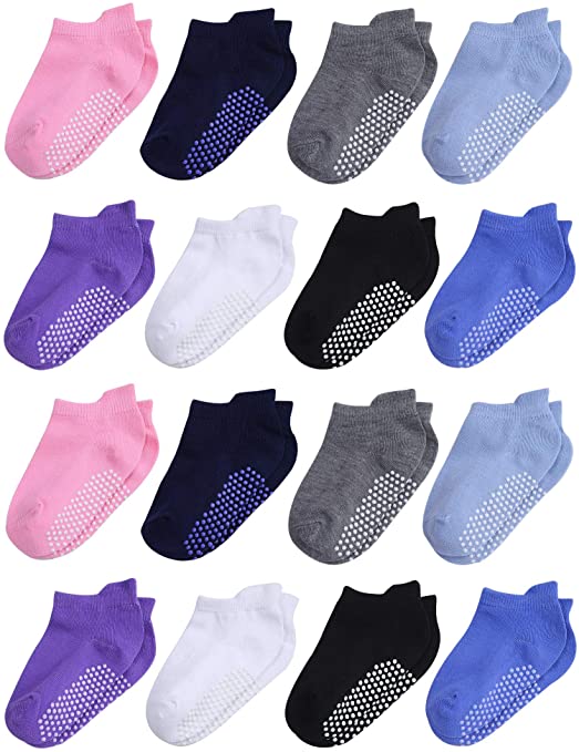 Cooraby 16 Pairs Toddler Non Slip Grip Ankle Socks Anti Skid Athletic Socks for Toddlers Boys or Girls