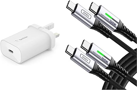 Belkin BoostCharge 25W Wall Chargers with PPS & USB C Cable, INIU [2 Pack 2m 100W] 20V/5A PD QC 4.0 Fast Charging USB C to USB C cable, Nylon Braided Phone Charger Type C Data Cord