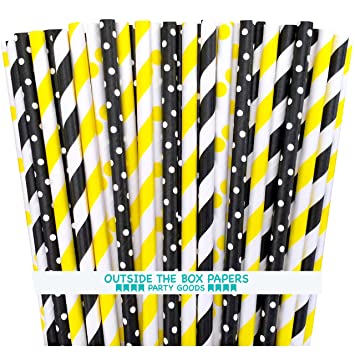 Outside the Box Papers Bee Theme Striped and Polka Dot Paper Straws 7.75 Inches 100 Pack Black, Yellow, White