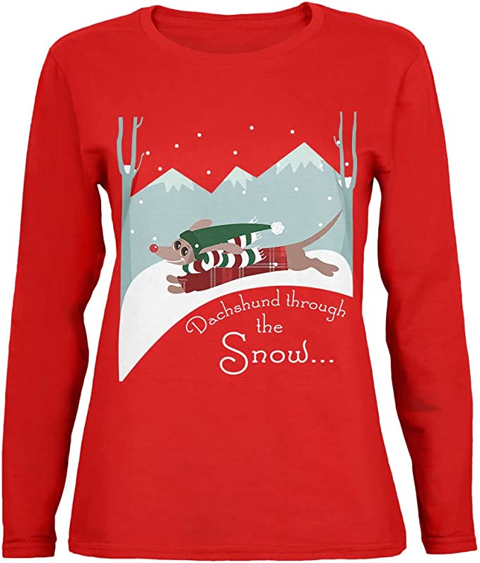 Old Glory Christmas Dachshund Dashing Through The Snow Womens Long Sleeve T Shirt
