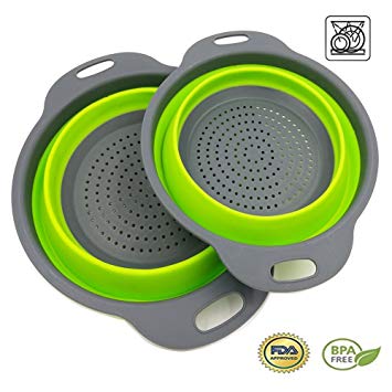 2 Collapsible Colander Mixing Bowl Strainer and Colander Set Silicone Colander Bowls Use for Draining Fruits Vegetables and Pastas by Bellagione (Green)