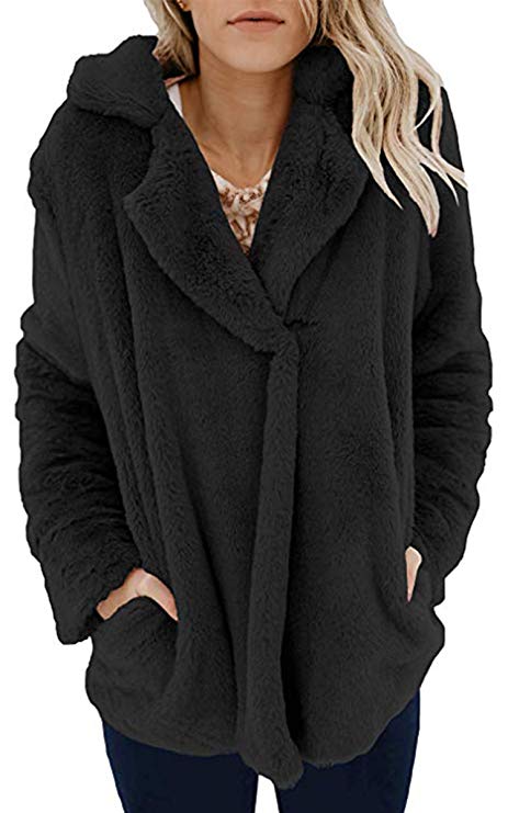 Angashion Women's Long Sleeve Lapel Faux Fur Button Oversized Warm Winter Jacket Coat Outwear with Pockets