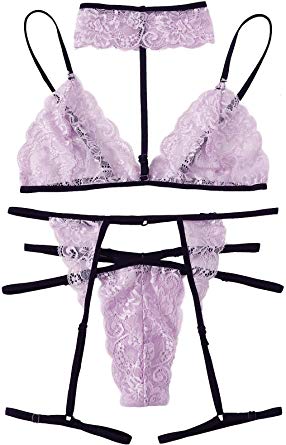 DIDK Women's Floral Lace Scalloped Trim Sexy Garter Lingerie Set with Choker