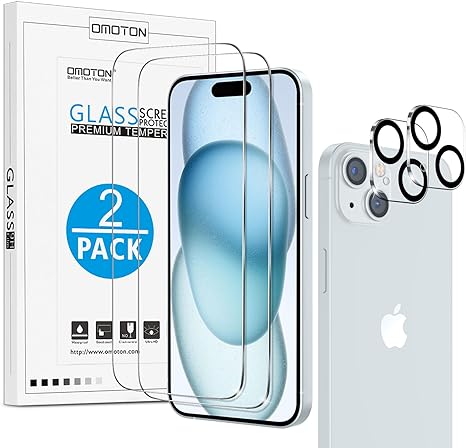 OMOTON Screen Protector for iPhone 15 with Camera Lens Protector, Premium Tempered Glass Film for iPhone 15, Anti-Scratch, 9H Hardness, HD Clear, 2 2 Pack