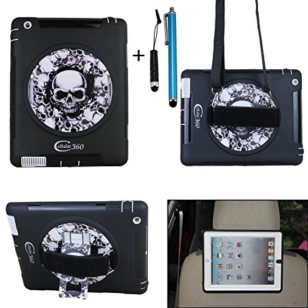 Cellular360 Apple iPad 2 iPad 3 iPad 4 Shockproof Rugged Case / Headrest Mount Holder with a 360 Degree Swivel Kickstand, a Hand Grip Belt and a Neck Strap (Handheld and Shoulder Case-Grey Skulls)