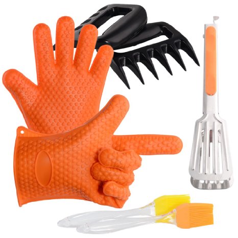 Kootek Heat Resistant Silicone Oven Gloves BBQ Accessories Include Meat Claws Basting Brushes Food Tongs for Cooking Grilling Baking Smoking Barbecue Potholder