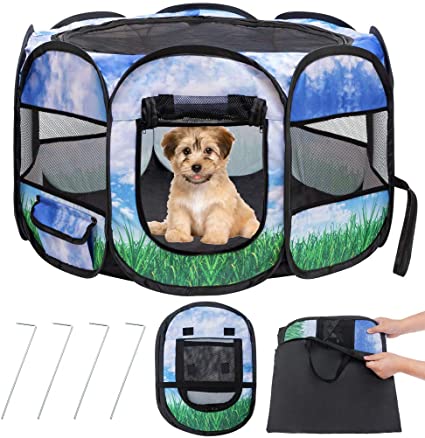 EXPAWLORER Puppy Dog Playpen for Small Dogs, Portable Pet Playpen for Small Animals Cats Guinea Pigs Rabbits, Easy Foldable for Indoor Outdoor