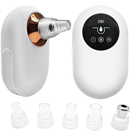 Low Noise Blackhead Remover Vacuum, LED Display Blemish Pimple Pore Extractor, Fast Charging 500 mAh Rechargeable Acne Pore Cleanser, 3 Adjustable Suction Modes, 5 Replacement Heads Comedone Extractor