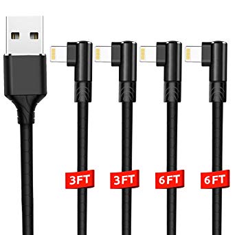 iPhone Charger, MFi Certified Lightning Cable Fast Charging Cable USB Charger Cable 4 Pack 3FT 3FT 6FT 6FT 90 Degree Angle iPhone Cable