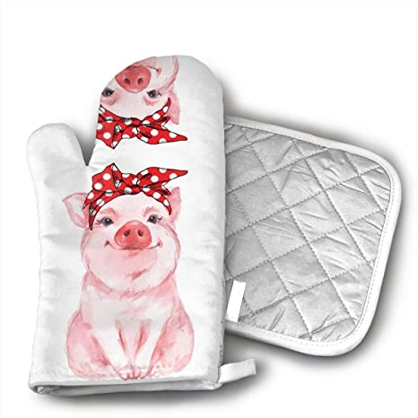 Pink Farm Funny Pig Cute Watercolor Baby Painting Piglet Kawaii Oven Mitts and Potholders (2-Piece Sets) - Kitchen Set with Cotton Heat Resistant,Oven Gloves for BBQ Cooking Baking Grilling