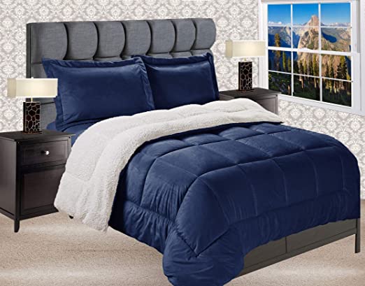 Elegant Comfort Premium Quality Heavy Weight Micromink Sherpa-Backing Reversible Down Alternative Micro-Suede 2-Piece Comforter Set, Twin/Twin XL, Navy Blue, Solid Navy Blue