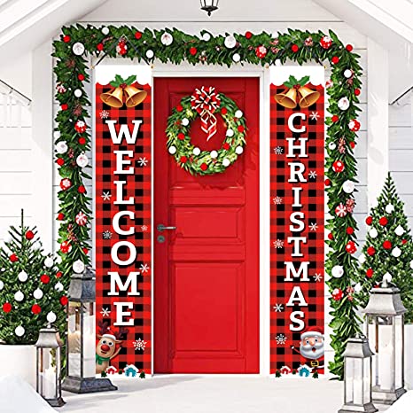 Trooer Christmas Porch Sign, Merry Christmas Banner Indoor Outdoor Christmas Decorations New Year Black Red Buffalo Plaid Hanging Banners Sign for Holiday Party Supplies Home Welcome