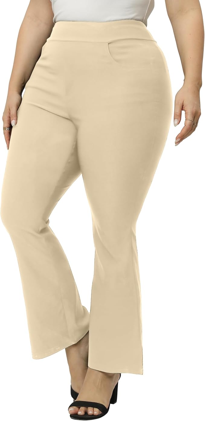 Gboomo Womens Plus Size Dress Pants Pull-on Office Work Pants Stretchy Bell Bottoms with Pockets