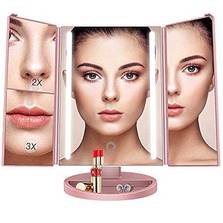 BESTOPE Makeup Vanity Mirror with 3x/2x Magnification,Trifold Mirror with 21 Led Lights,Touch Screen, 180° Adjustable Rotation,Dual Power Supply, Countertop Cosmetic Mirror (Rose Gold)