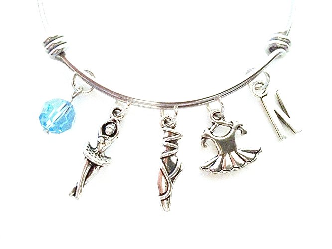 Ballet themed personalized bangle bracelet. Antique silver charms and a genuine Swarovski birthstone colored element.