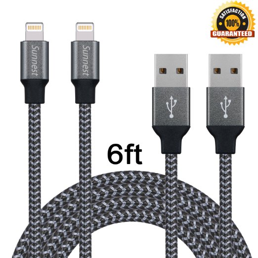 Sunnest iPhone Charger Cable, 2 Pack 6 FT Lightning to USB Sync & Charging Cord Nylon Braided for iPhone SE, 6s, 6s plus, 6plus, 6, 5s 5c 5, iPad Mini, Air, iPad 5, iPod on iOS9