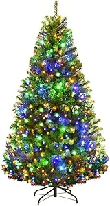 Goplus 5FT Pre-Lit Artificial Christmas Tree, Hinged Spruce Xmas Full Tree with 150 LED Multicolor Lights, 11 Lighting Modes, 600 PVC Branch, Foldable Base, for Indoor Home Office Decoration