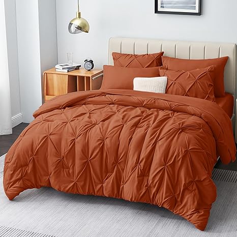 CozyLux Queen Comforter Set - 7 Pieces Comforters Queen Size Burnt Orange, Pintuck Bed in A Bag Terracotta Pinch Pleat Bedding Sets with Comforter, Flat Sheet, Fitted Sheet and Pillowcases & Shams