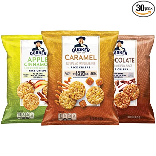 Quaker Rice Crisps, Gluten Free, 3 Flavor Sweet Variety Mix, Single Serve, 0.91 Ounce, Pack of 30