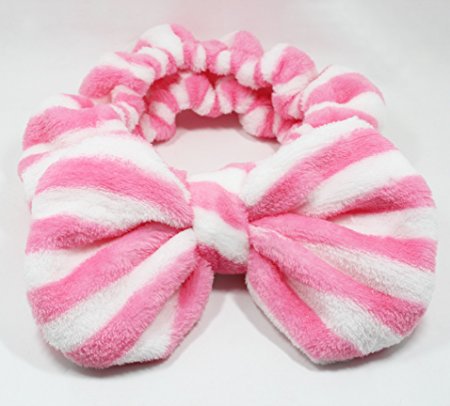 Flying Beauty Super Cute Elastic Hairband Bowknot Cosmetics Towel Headband for Washing Face and Makeup Soft Fluffy Colorful (Pink and White Stripes)