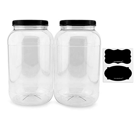 Cornucopia Gallon Plastic Jars (2-Pack); Clear Round Containers with Black Ribbed Lids, BPA-Free 4-Quart Large Size