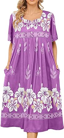 Bloggerlove Nightgown for Women Hawaiian Muumuu House Dress Print Lounger Patio Dress with Pockets Moomoo