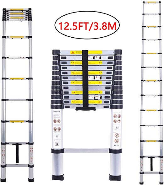Aluminum Telescoping Ladder - ARCHOM Telescopic Extension Ladder 12.5ft Extend Ladder Multi-purpose Portable Lightweight Folding Ladder with EN131 and CE Standard 330 Pound Capacity