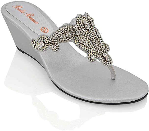 ESSEX GLAM Womens Slip On Sandals Toe Post Sparkly Diamante Synthetic Dressy Low Wedge Heel Mule