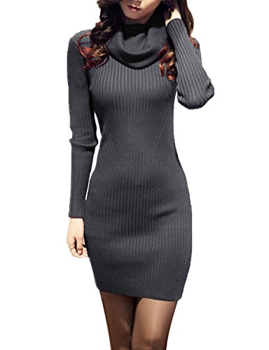V28 Women Cowl Neck Knit Stretchable Elasticity Long Sleeve Slim Fit Sweater Dress