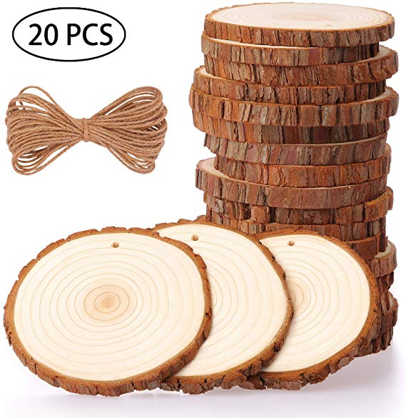 Fuyit Natural Wood Slices 20 Pcs 3.5-4 Inches Craft Wood Kit Unfinished Predrilled with Hole Wooden Circles Tree Slices for Arts and Crafts Christmas Ornaments DIY Crafts