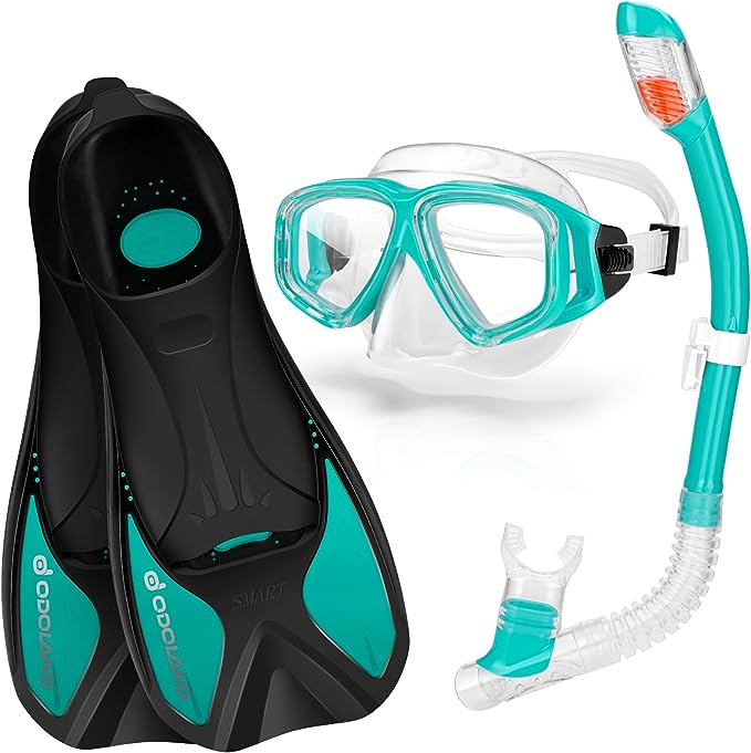 Odoland Snorkeling Package Set, Snorkeling Gear for Adults with Panoramic View Diving Mask, Adjustable Swim Fins, Anti-Fog Anti-Leak Scuba Gear for Men Women Youth