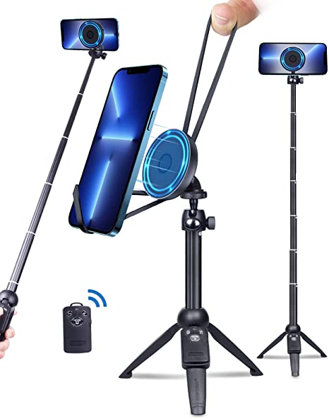 EWA Magnetic Selfie Stick Tripod Compatible with MagSafe and iPhone 13 Pro Max Mini/iPhone 12 Pro Max Mini,with Wireless Remote Shutter,Portable,Extendable Phone Tripod Stand (Chargers Not Included)