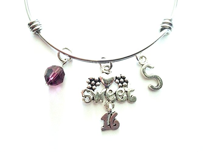 Sweet 16 themed personalized bangle bracelet. Antique silver charms and a genuine Swarovski birthstone colored element.