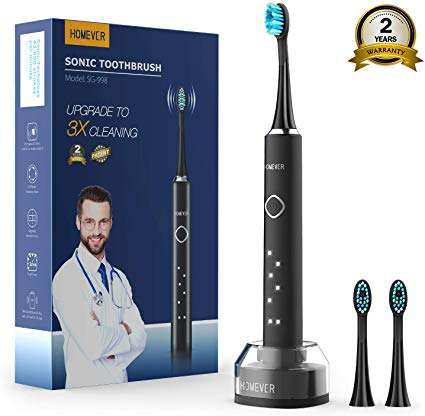 Electric Toothbrush, Homever Rechargeable Sonic Toothbrush with 6 Optional Modes, Long Lasting over 25 Days Use, Travel Toothbrush with 3 Brush Heads, Black
