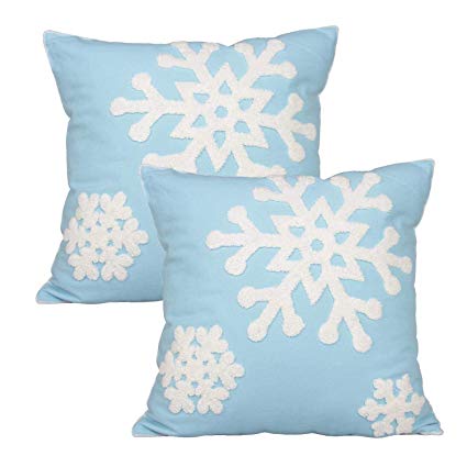 LEHOUR Soft Square Christmas Snowflake Home Decorative Canvas Cotton Embroidery Throw Pillow Covers 18x18 Cushion Covers Pillowcases for Sofa Bed Chair (1 Pair, Sky Blue)