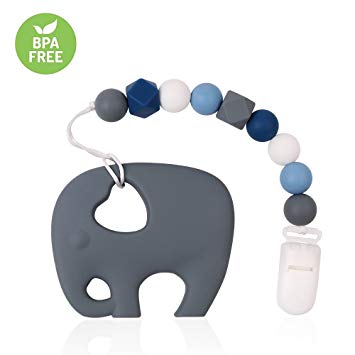 Pacifier Clip TYRY.HU Teething Toys BPA Free Silicone Elephant Teether with Binkie Holder for Boys, Girls, Baby Shower Gift (Blue)