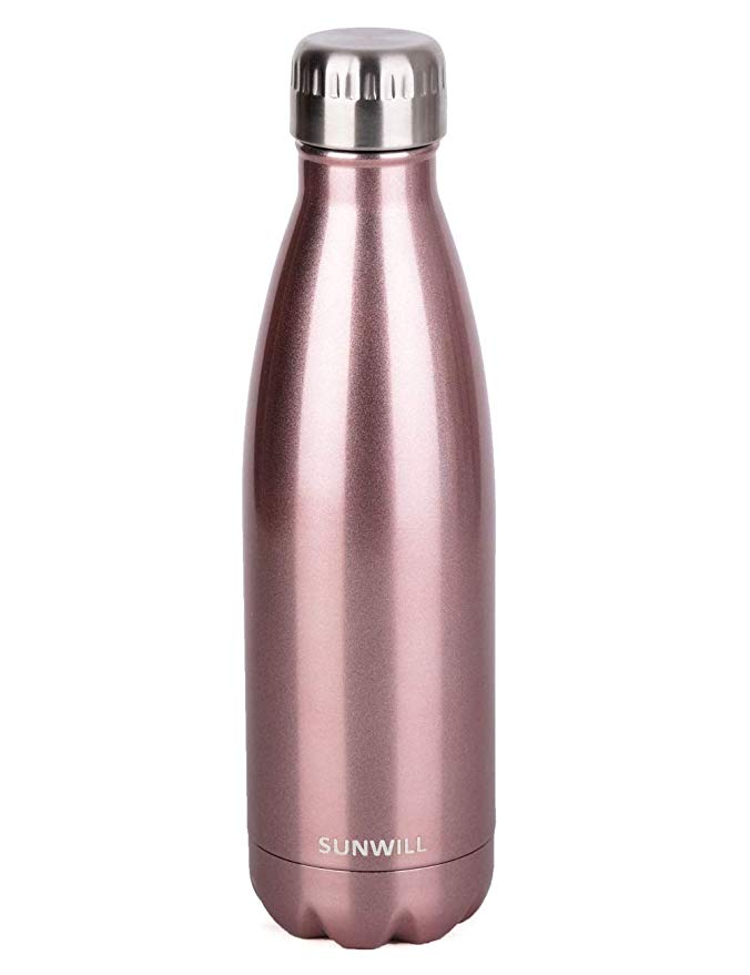 SUNWILL Insulated Stainless Steel Water Bottle Rose Gold, Vacuum Double Wall Sports Water Bottle 17oz, Cola Shape Travel Thermal Flask