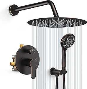 SR SUN RISE Shower System, 12 inch 3 Function Shower Faucet Set, 6 Setting High Pressure Handheld Rain Shower Head Kits, Valve Included, Stainless Steel - Oil Rubbed Bronze