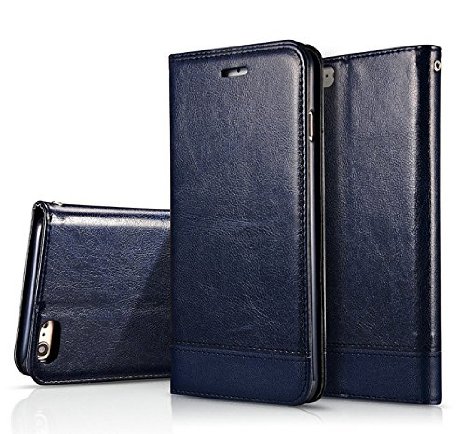 FS 0413 Phone Case iPhone 6 iPhone 6S Case PU Leather Case with a lanyard Wallet Case Series Premium Protective Flip Book Design with Stand Feature Magnetic Closure Dark Blue