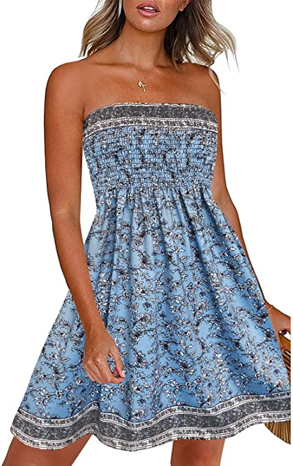 CHICGAL Summer Dresses for Women Beach Cover Ups Strapless Boho Floral Print Sundress